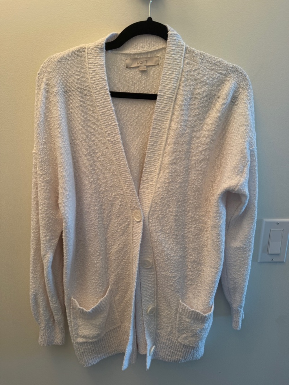 LOFT Cream Bouclé Button Cardigan with Front Pockets